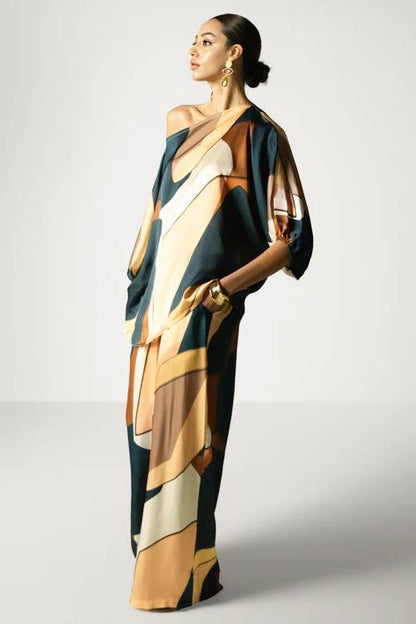 Geometrische Print Shirt En Brede Pantalon Set