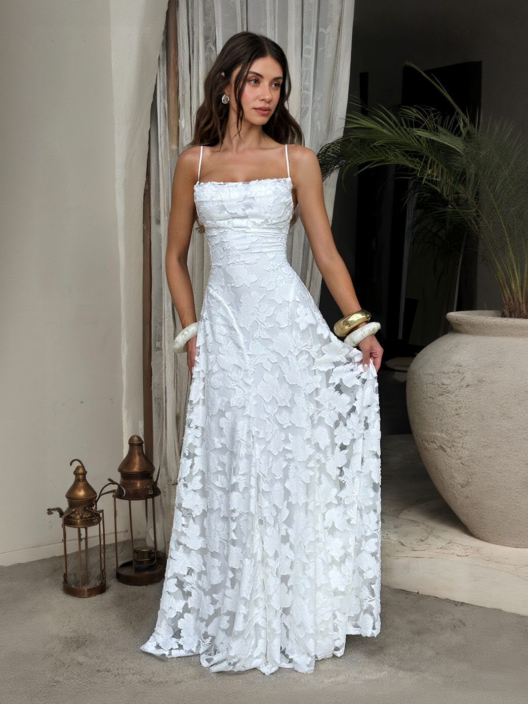 Elegante Bloemen Kant Spaghetti Band Maxi Jurk