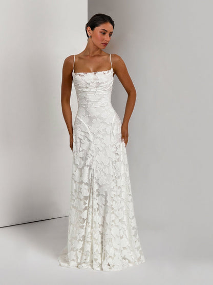 Elegante Bloemen Kant Spaghetti Band Maxi Jurk