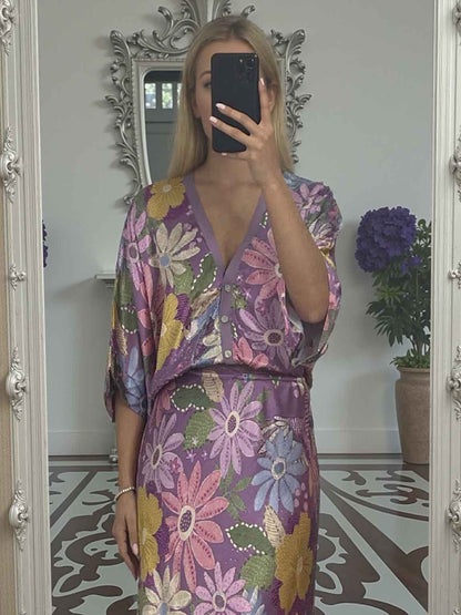 Exquise Satijnen Print Shirt en Vissenstaart Rok Set
