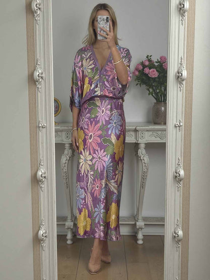 Exquise Satijnen Print Shirt en Vissenstaart Rok Set