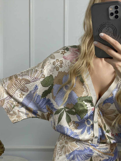 Exquise Satijnen Print Shirt en Vissenstaart Rok Set