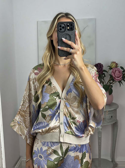 Exquise Satijnen Print Shirt en Vissenstaart Rok Set