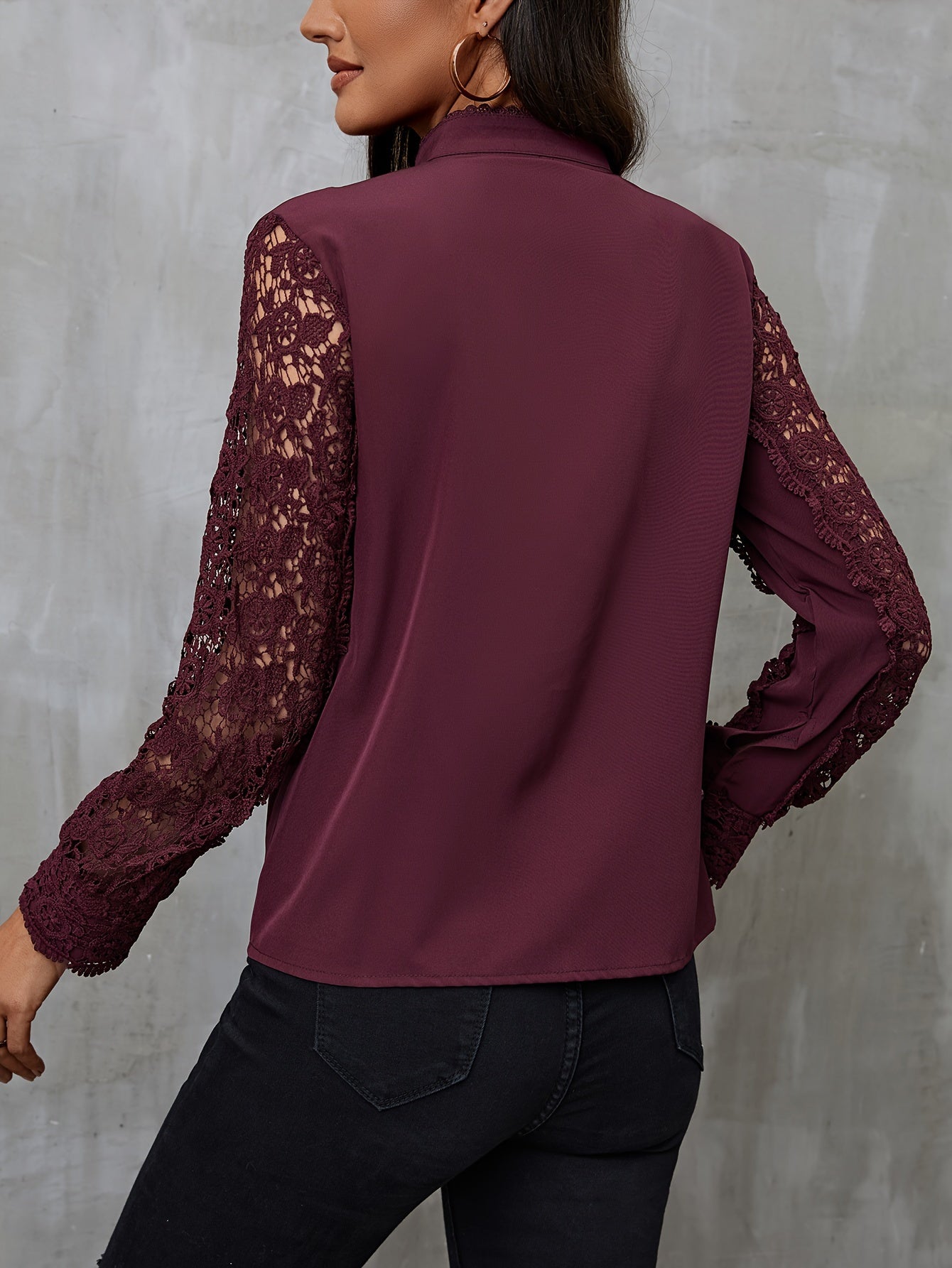 Contrast Kanten Blouse - Kanten Patchwork & Mandarin Kraag