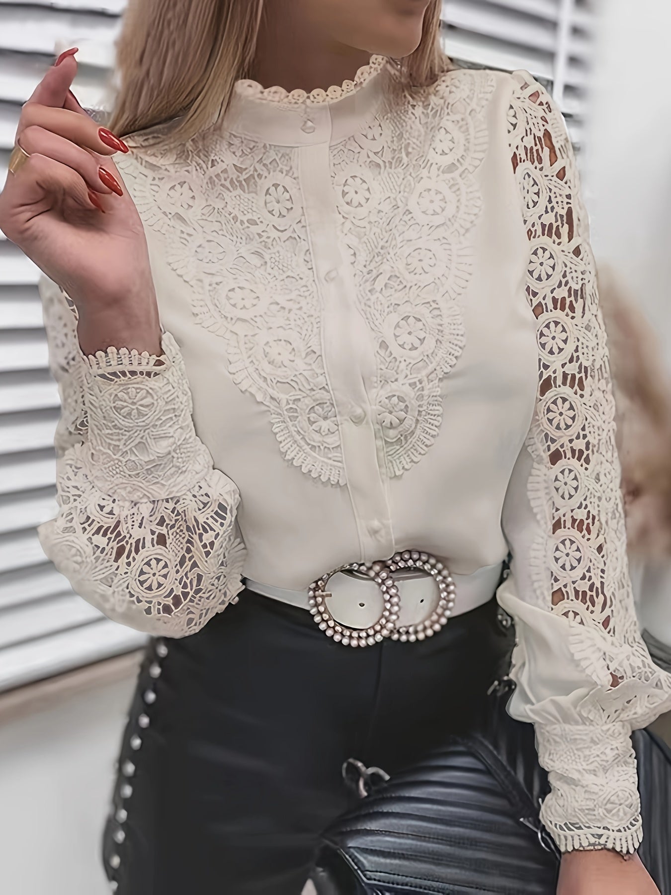 Contrast Kanten Blouse - Kanten Patchwork & Mandarin Kraag
