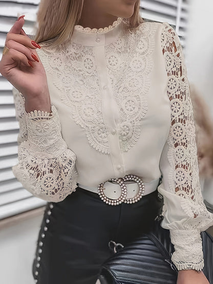 Contrast Kanten Blouse - Kanten Patchwork & Mandarin Kraag