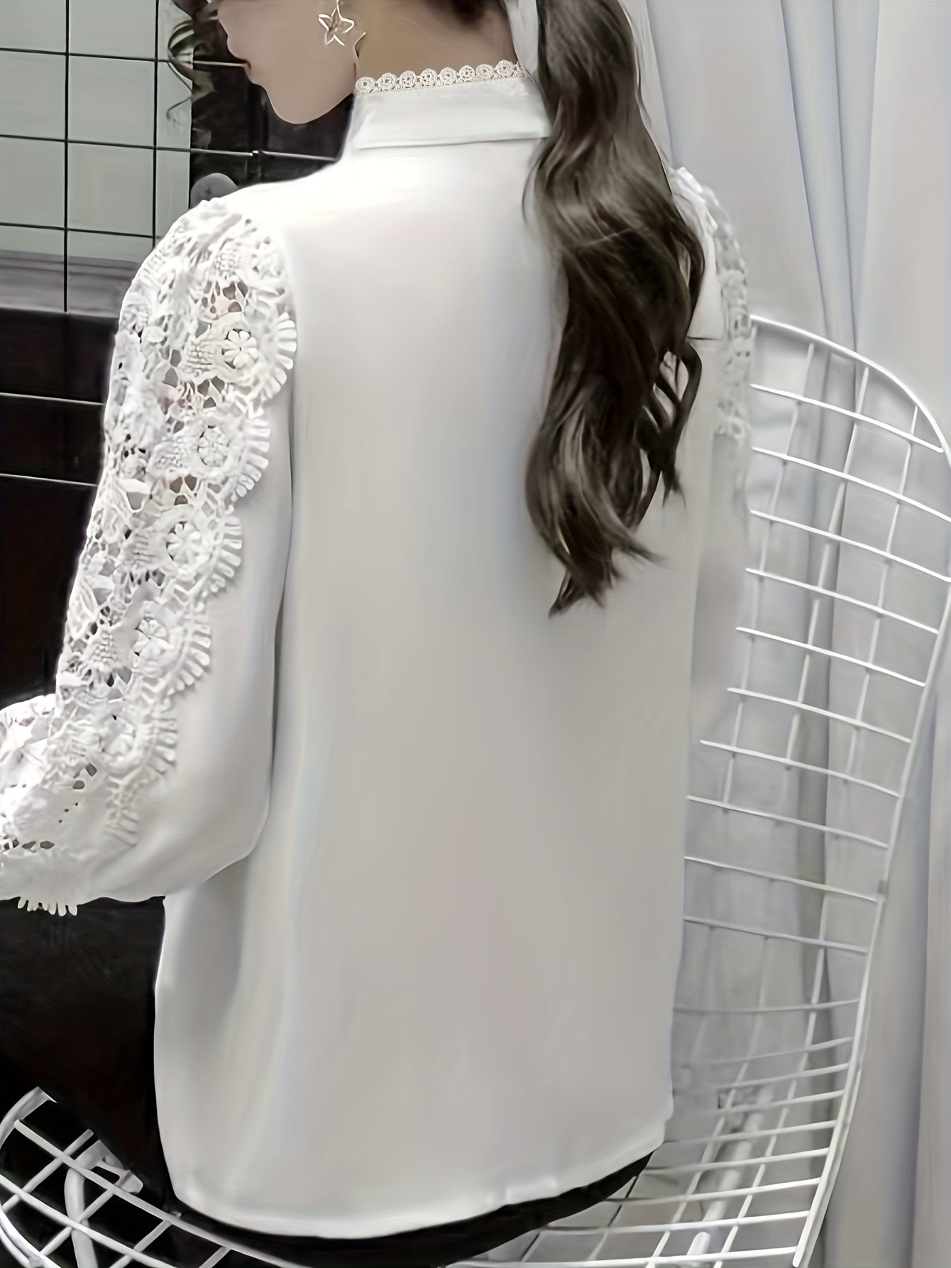 Contrast Kanten Blouse - Kanten Patchwork & Mandarin Kraag
