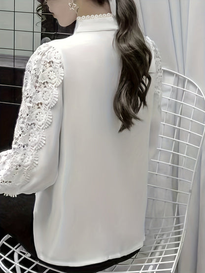 Contrast Kanten Blouse - Kanten Patchwork & Mandarin Kraag