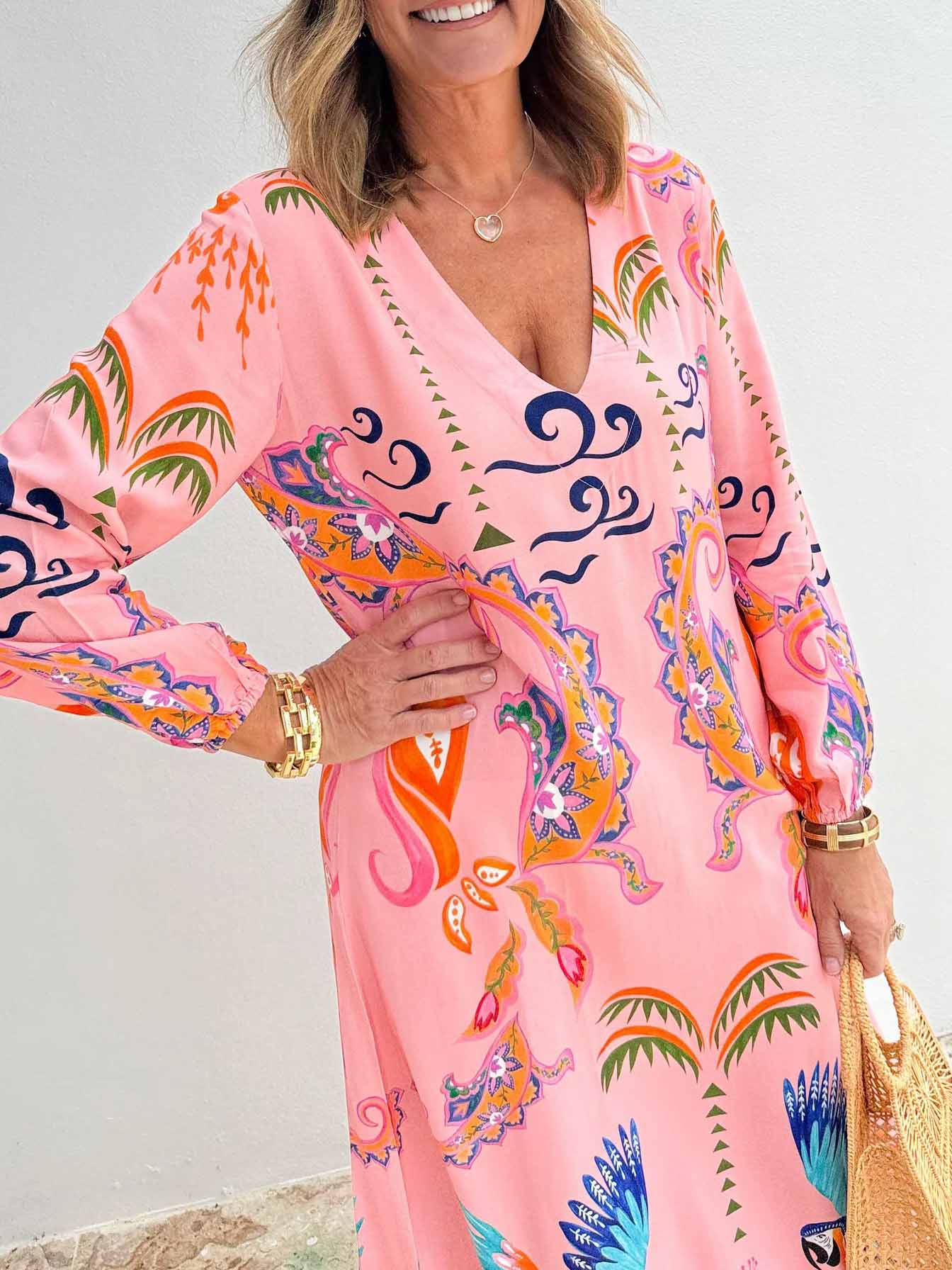 Unieke Papegaai Print Drop Shoulder Mouw Maxi Jurk