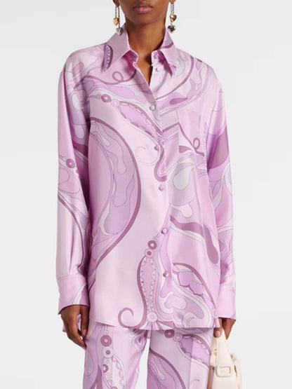 Exquise Orchidee Print Satijn Twill Knop Shirt & Rechte Pantalon Set
