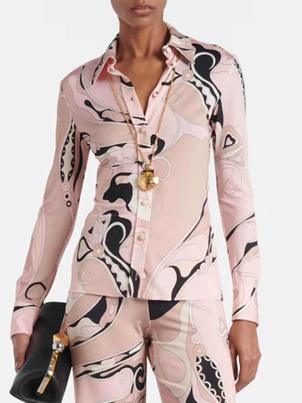 Unieke Bloemenprint Fitted Overhemd & Elastische Taille Rechtpijpen Broek Set