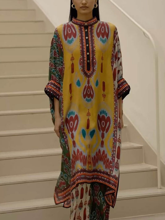 Retro Casual Patchwork Bloemenprint Losse Midi Shirt