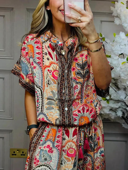 Boho Print Tassel Detail Casual Elastische Taille Zak Brede Pijpen Broek