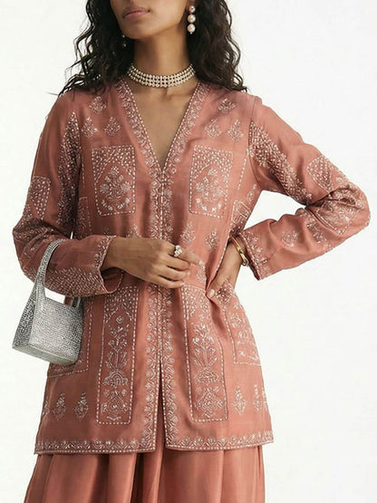 Exquise Geborduurde Bloemen Blouse En Elastische Taille Satijnen Tapered Lantern Broek Set