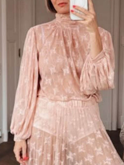 Elegante Mesh Ruffled Lace Hoge Hals Blouse & Elastische Taille Rok Set
