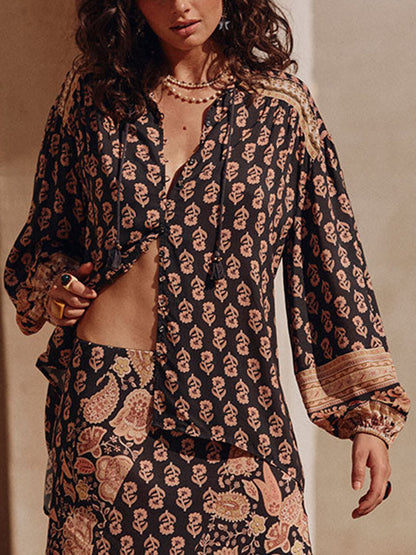 Boho Gedrukt Drapeer Shirt En Hoge Taille Maxi Rok Set