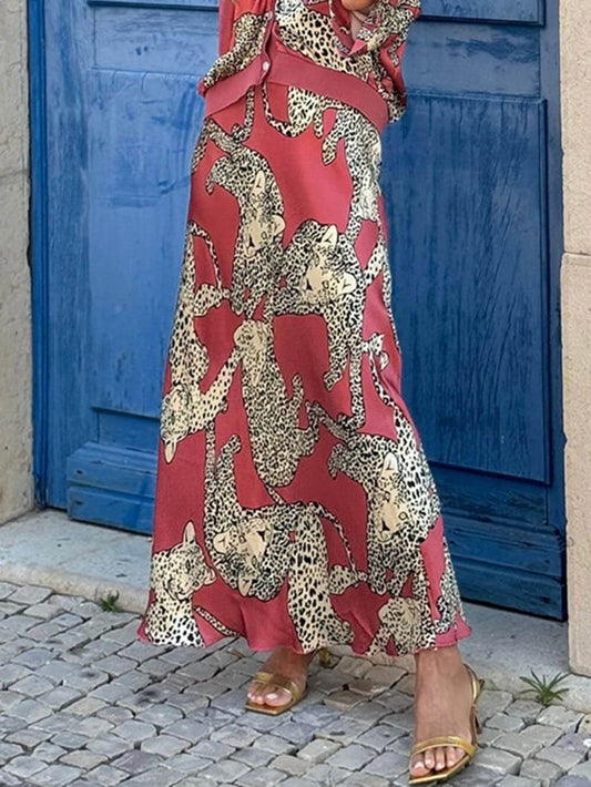 Moderne Gevoel Unieke Abbie Satijnen Tijgerprint Hoge Taille Elastische Taille Maxi Rok