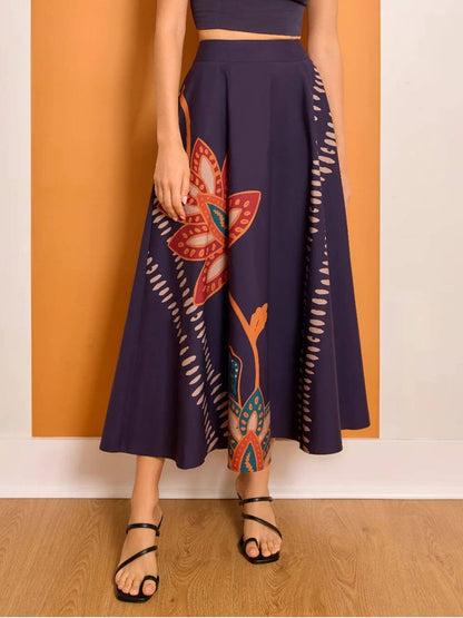 Exquise vierkante hals strik tanktop en bedrukte A-lijn hoge taille midi rok set