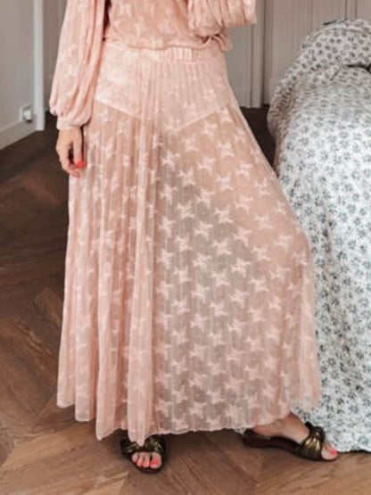 Elegante Mesh Ruffled Lace Hoge Hals Blouse & Elastische Taille Rok Set