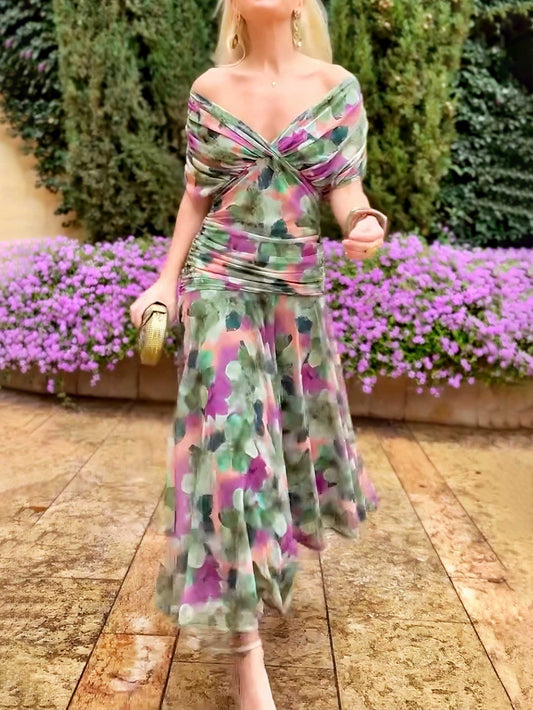 Elegante V-hals Fantasie Geschilderde Bloemenprint Feest Maxi Jurk