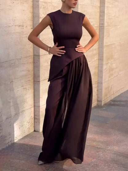 Elegante Asymmetrische Mouwloze Chiffon Vest Twee-Delige Set
