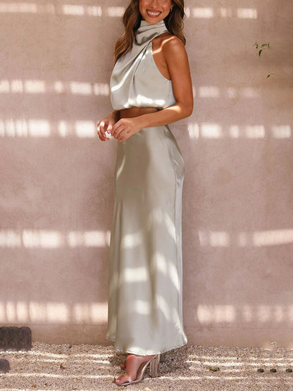 Elegante Such A Vibe Hoge Hals Satijnen Drapé Maxi Rok Set