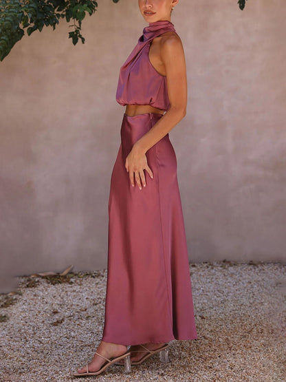 Elegante Such A Vibe Hoge Hals Satijnen Drapé Maxi Rok Set