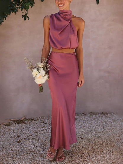 Elegante Such A Vibe Hoge Hals Satijnen Drapé Maxi Rok Set