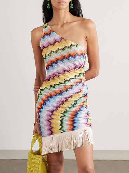 Delicate Eén-Schouder Franje Gedrukt Tulle Mini Jurk
