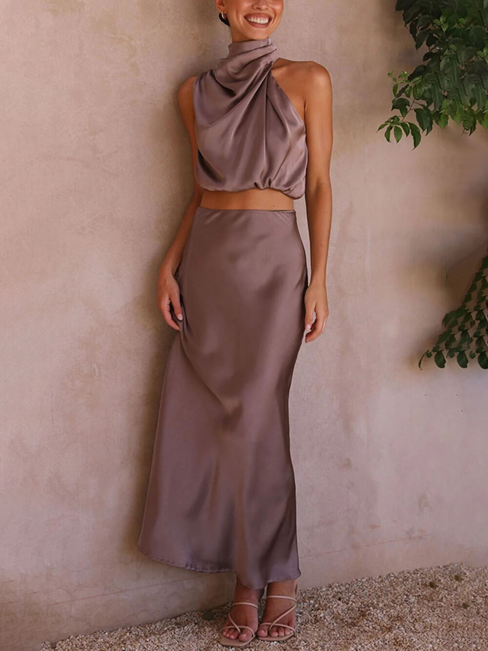 Elegante Such A Vibe Hoge Hals Satijnen Drapé Maxi Rok Set