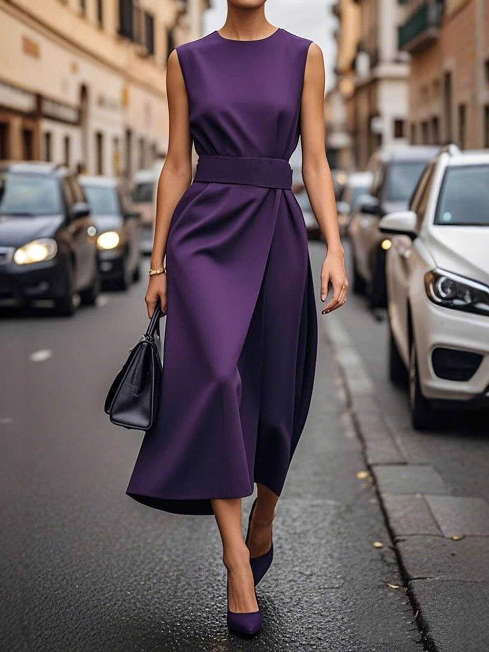 Elegante Plissé Effen Kleur Mouwloze Ronde Hals Casual Midi Jurk