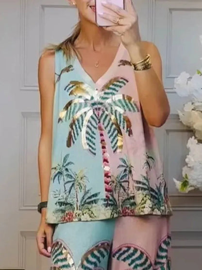 Unieke Palmboomprint Elastische Taille Losse Wijde Broek