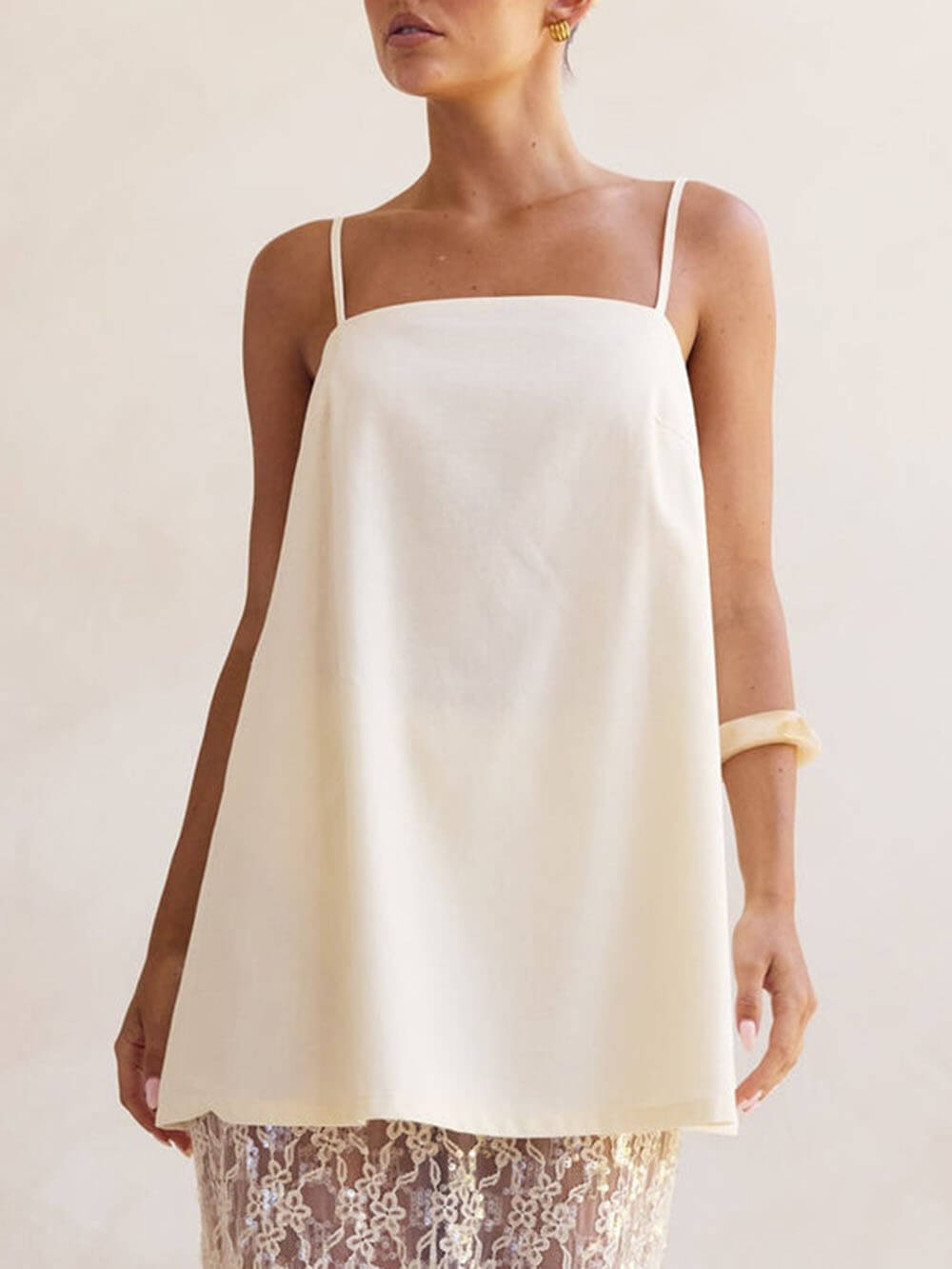 Elegante Off-Shoulder Spaghetti Strap A-Lijn Top & Transparante Pailletten Kant Hoge Taille Maxi Rok Set