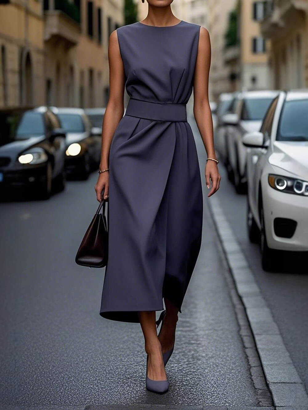 Elegante Plissé Effen Kleur Mouwloze Ronde Hals Casual Midi Jurk