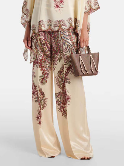 Exquise Asymmetrische Gedrukte Satijnen Top & Elastische Taille Wijde Broek Set