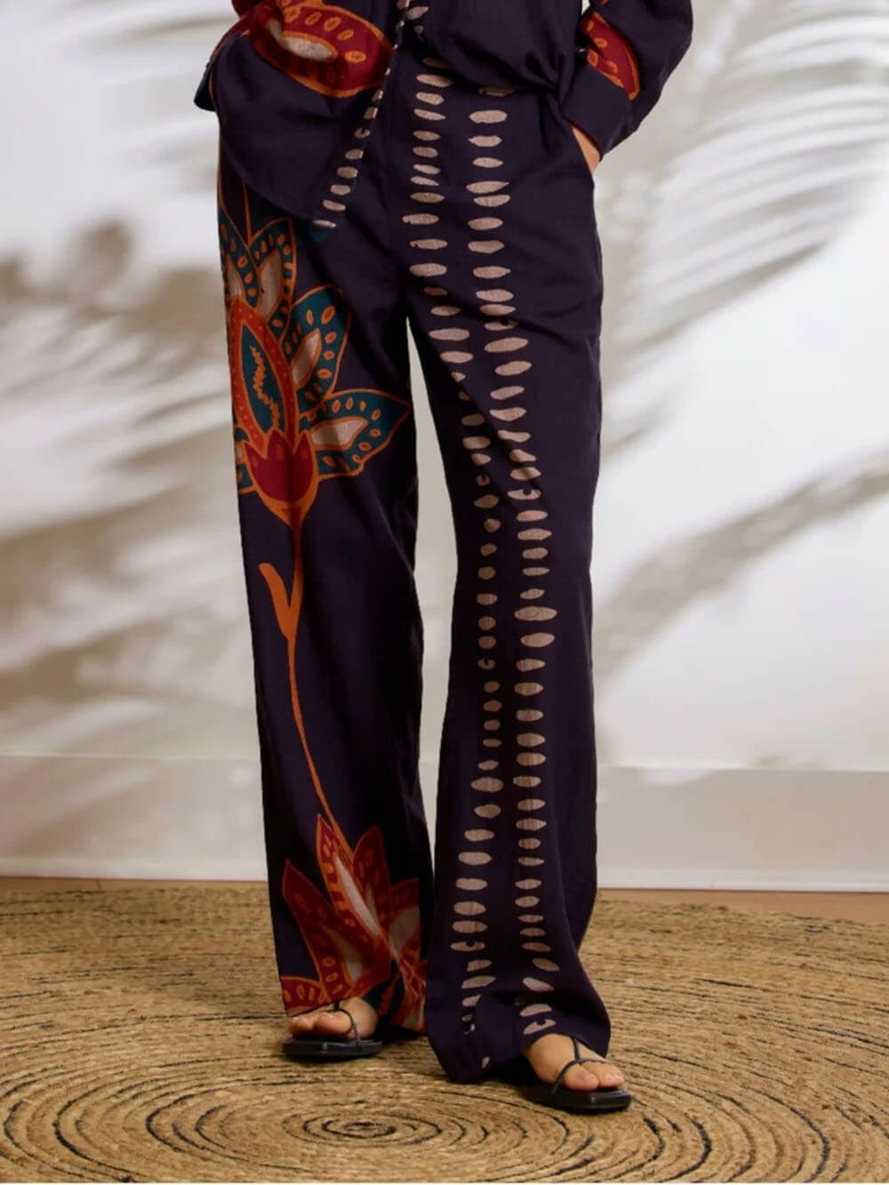 Exquise Bloemenprint Linnen Knop-Up Top En Losse Broek Set