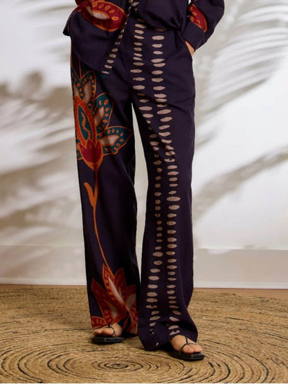Exquise Bloemenprint Linnen Knop-Up Top En Losse Broek Set