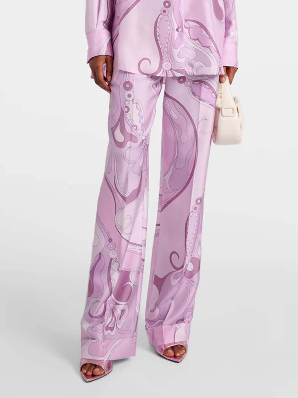 Exquise Orchidee Print Satijn Twill Knop Shirt & Rechte Pantalon Set
