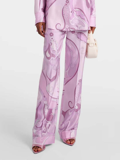 Exquise Orchidee Print Satijn Twill Knop Shirt & Rechte Pantalon Set