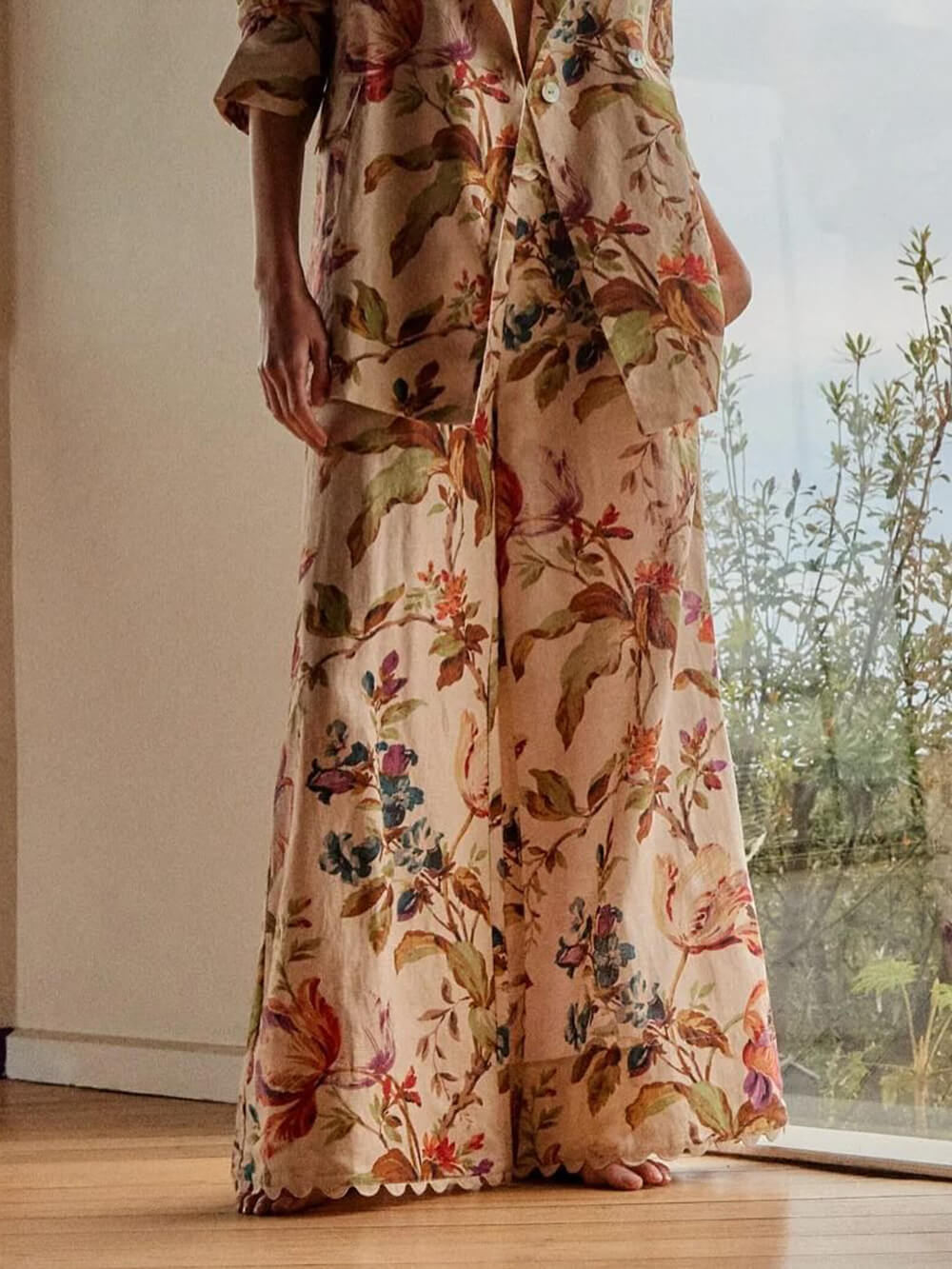 Exquise Retro Bloemenprint Lape Blazer Losse Zak Brede Pantalon Set