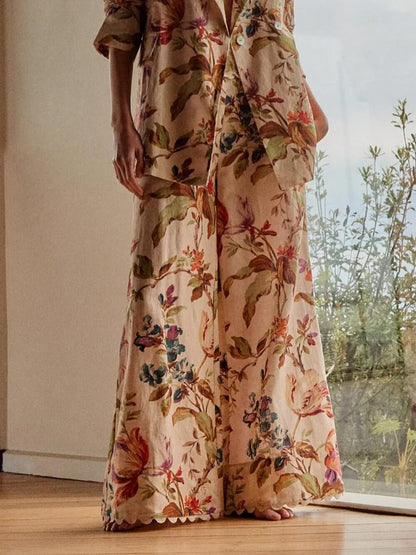 Exquise Retro Bloemenprint Lape Blazer Losse Zak Brede Pantalon Set