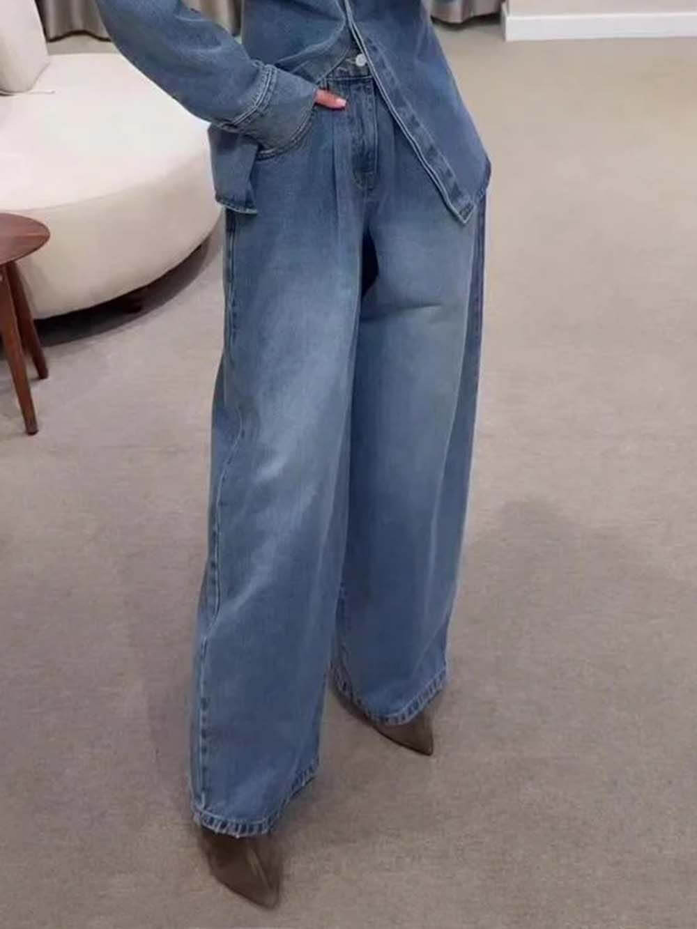 Modieuze Hoge Taille Pocket Wijde Jeans