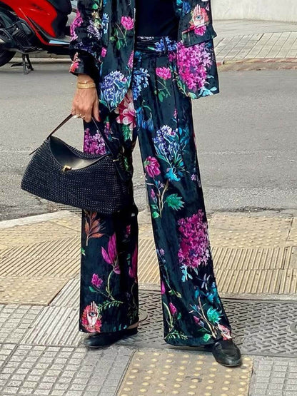 Retro Bloemenprint Blazer & Hoge Taille Wijde Pantalon Set