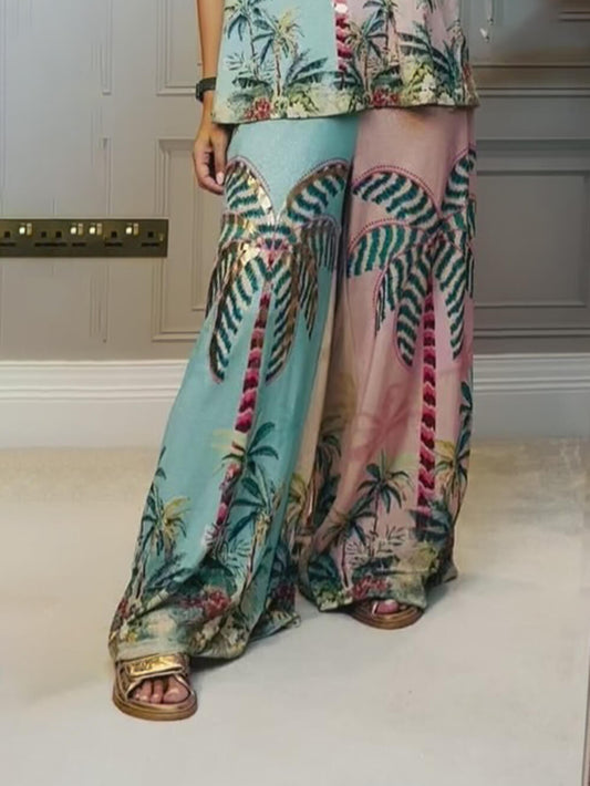 Unieke Palmboomprint Elastische Taille Losse Wijde Broek