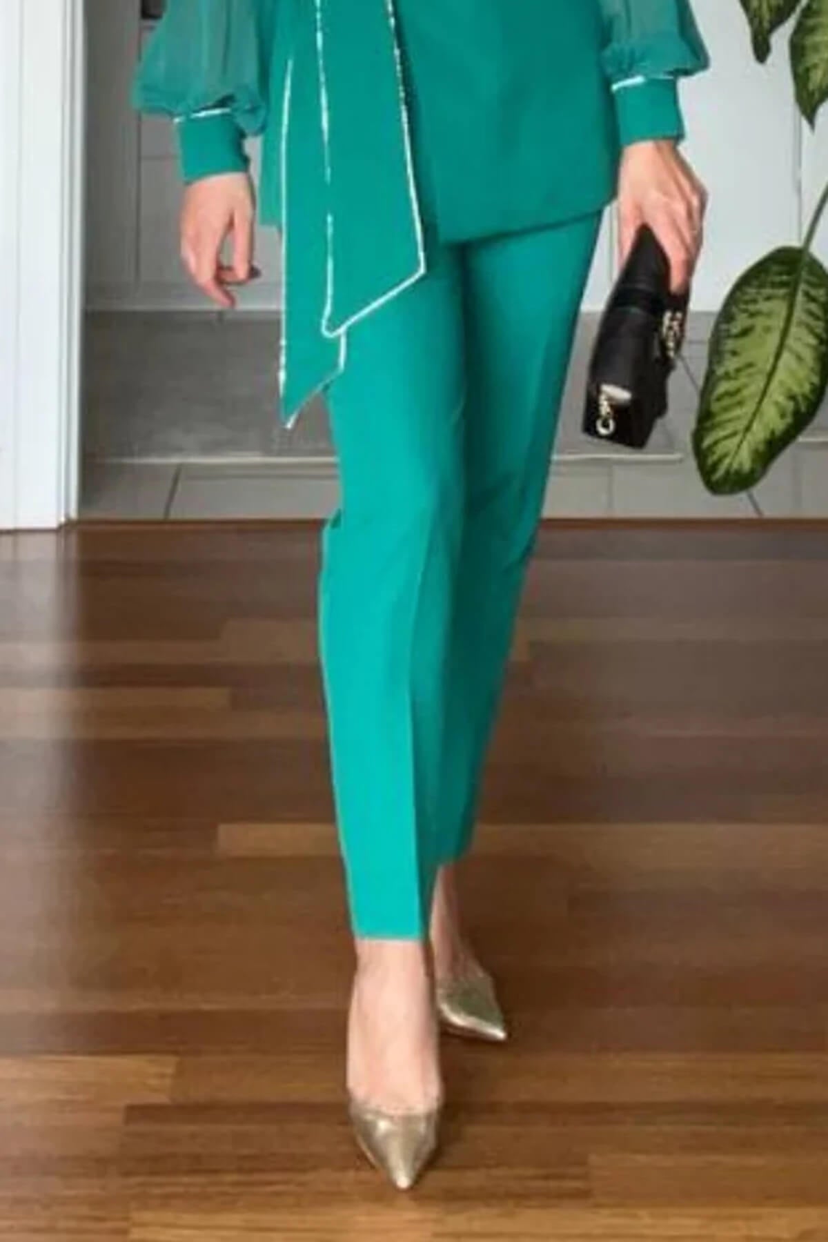 Elegante V-hals Kleurblok Geknoopte Blouse & Hoge Taille Tapered Broek Set