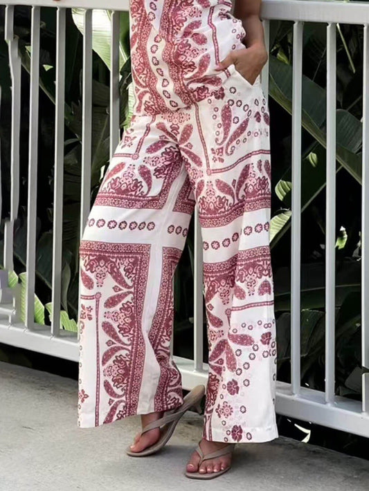 Moderne Unieke Bloemenprint Hoge Taille Pocket Wijde Pijpen Broek
