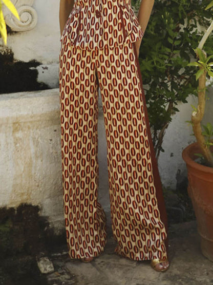 Exquise Geometrische Print V-Hals Ruffle Mouw Top Hoge Taille Brede Pantalon Set