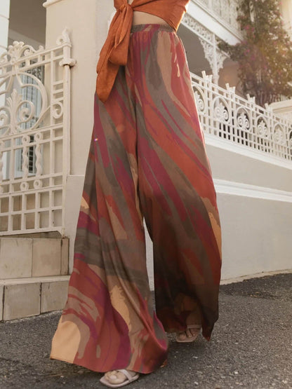 Casual Bell-Sleeve Tie-Up Top met Kleurrijke Print Hoge Taille Wijde Broek Set