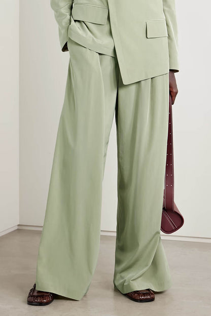 Mode Asymmetrische Crepe Blazer Geplooide Zak Brede Pantalon Set