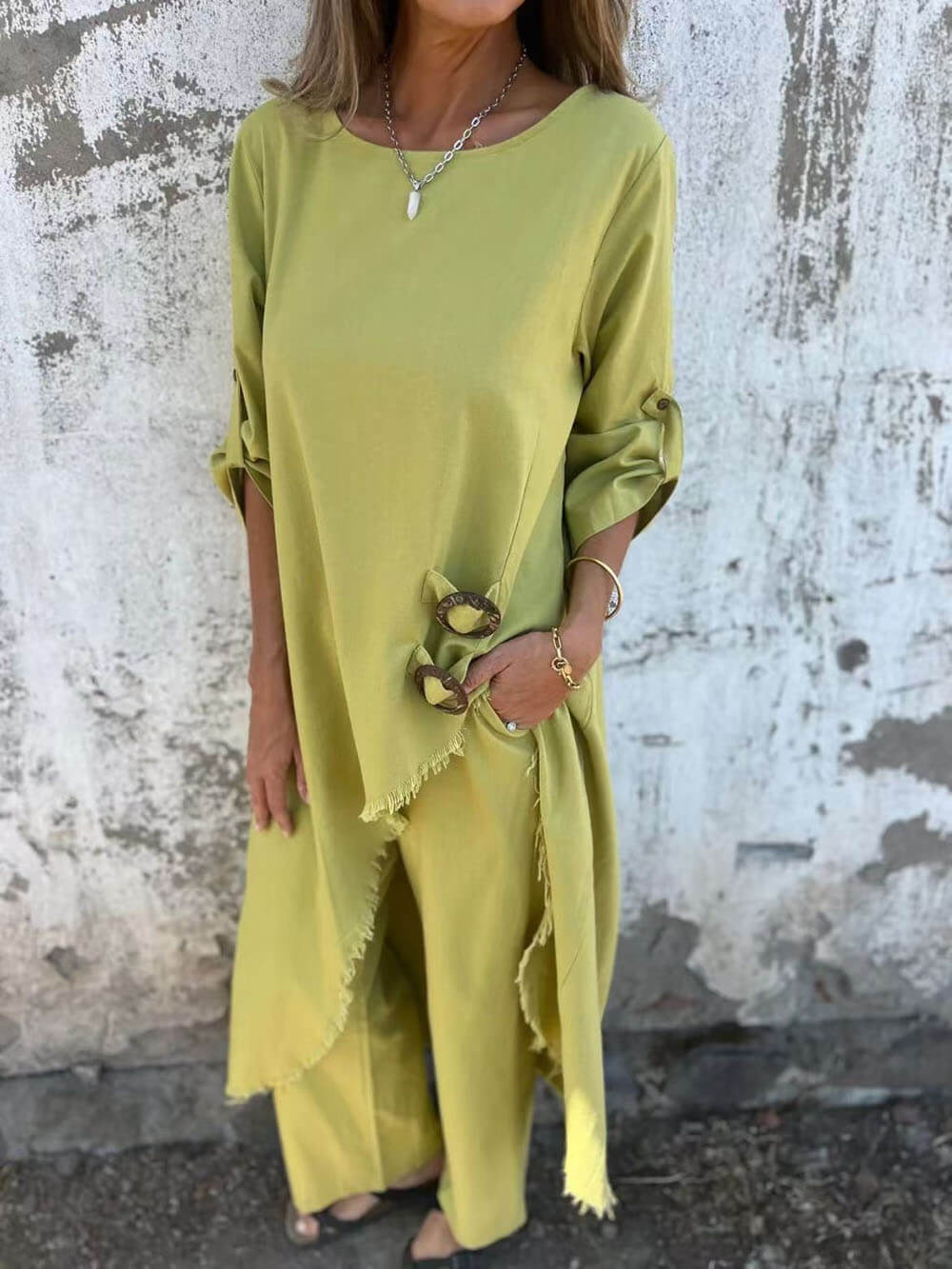 Casual Unieke Ongelijke Knopdecoratie Robe Pocket Elastische Broek Set